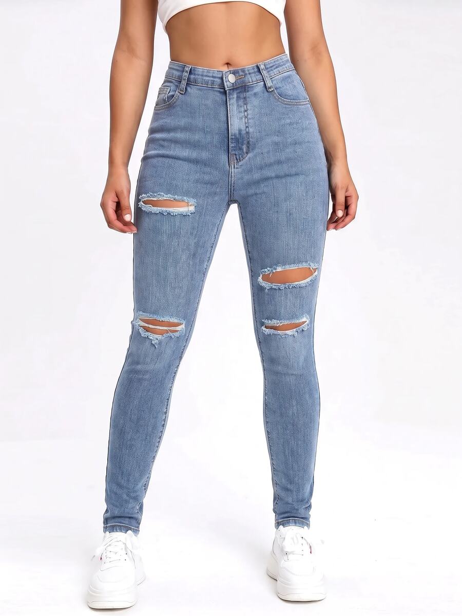 SHEIN EZwear Black Slant Pocket Ripped Skinny Jeans - Blue - View 1