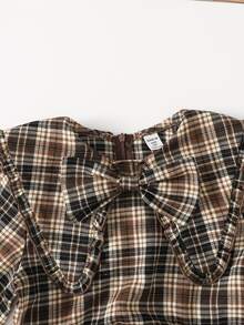 Tween Girl Tween Girls Long Sleeve Plaid Cinched Waist Bow Exaggerated Collar Long Dress Autumn/Winter - Khaki - View 3