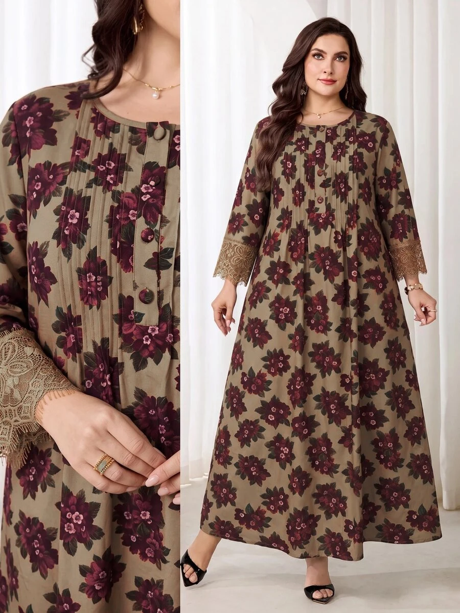 Al Najma Plus Size Women's All-Over Floral Print Fashion Casual Arabian Dress - Multicolor - View 1