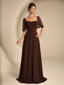 Coutiva Women's Lace Patchwork Elegant Waist-Cinching Formal Prom Graduation Evening Gown Dress Brown Fall - Coffee Brown - View 11
