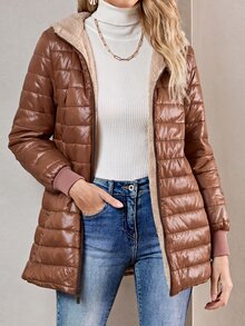 Aveloria Modichic 女款素色長袖拉鍊連帽抓絨休閒加厚棉服外套，冬季衣物 - 棕色 - 查看 1