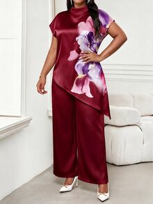 SHEIN Lady Plus Size Women Floral Print Stand Collar Asymmetrical Hem Elegant Blouse - Burgundy - View 3