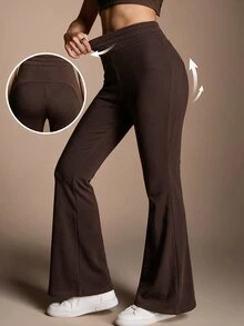 SHEIN BASICS سروال ضيق نسائي بخصر عالي بلون موحد مرن ومشدود - شوكولاته بني - مشاهدة 2