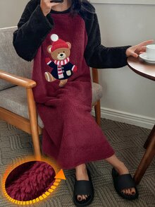 DAZY Women's Autumn/Winter Coral Fleece Cute Bear Pattern Colorblock Raglan Sleeve T-Shirt Dress Nightgown - Red - View 6