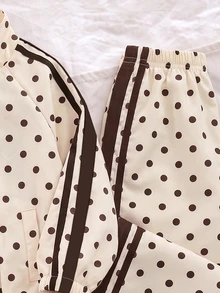 SHEIN Genkimix Kids 女童 4-7歲波點印花立領拉鍊夾克與慢跑褲 2件套，復古運動風春夏秋冬日常上學穿搭 - 杏色 - 查看 3
