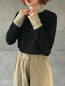 FRIFUL 素色拼接透視波點網布寬鬆休閒百搭T恤 - 黑色 - 查看 6