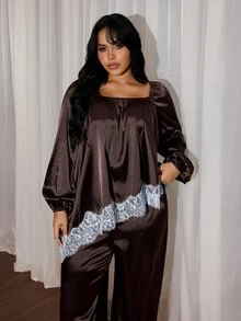 Rustia Plus Contrast Lace Lantern Sleeve Satin Top & Pants Set Fall - Brown - View 1