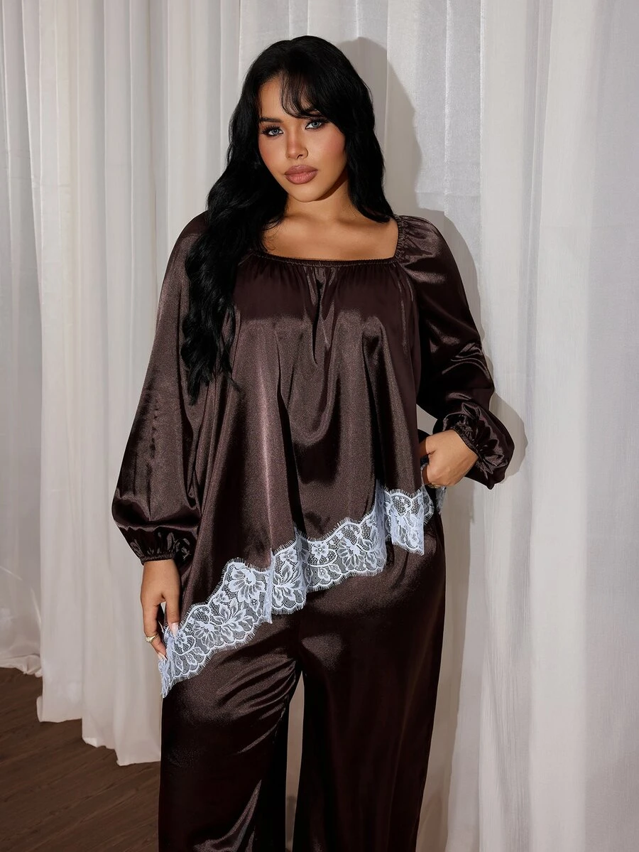 Rustia Plus Contrast Lace Lantern Sleeve Satin Top & Pants Set Fall - Brown - View 1