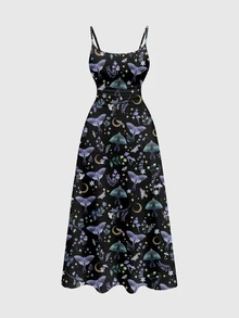 ROMWE Goth Dark Hippie Moth Moon Sun Star Women's A-Line Dress With Ruched Details - Black - View 1