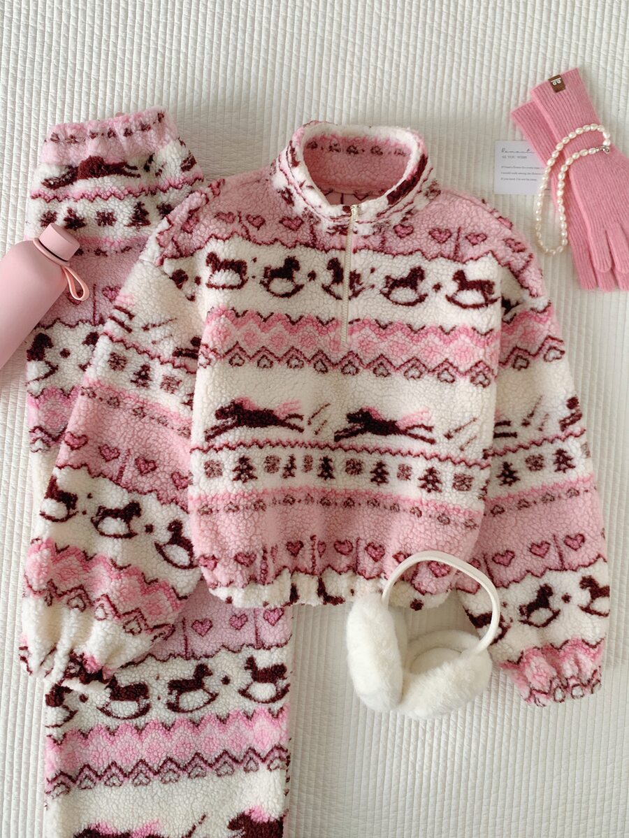Comfortcana Women's Half-Zip High Neck Contrast Color All-Over Print Fleece Casual Everyday Fashion Pullover Sweatshirt - Pink - View 1