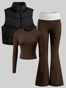 SHEIN 3Pcs/Set Tween Girls Casual Quilted Vest & Long Sleeve Slim Fit T-Shirt & V-Waist Pants Set, Fall, Fall Outfits - Brown - View 1