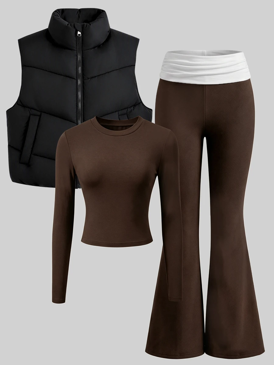 SHEIN 3Pcs/Set Tween Girls Casual Quilted Vest & Long Sleeve Slim Fit T-Shirt & V-Waist Pants Set, Fall, Fall Outfits - Brown - View 1