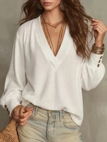 SHEIN LUNE Kaos Lengan Panjang Jacquard Wanita Serbaguna untuk Pemakaian Sehari-hari - Putih - View 3
