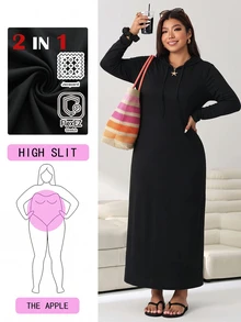 Solflare Plus Size Women's Casual Loose Long Sleeve Hooded Dress - Black - View 2