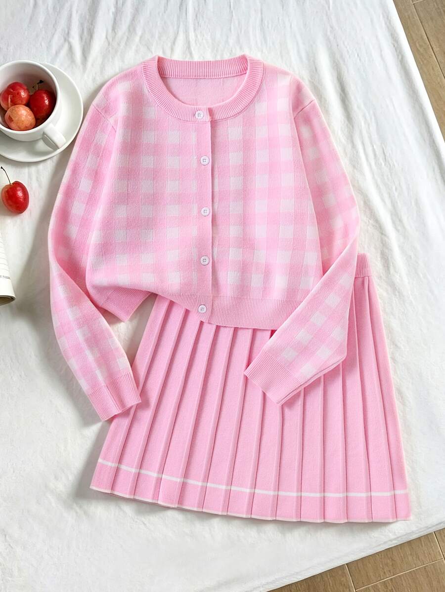 SHEIN Tween Girl Autumn/Winter Fashion Knit Cardigan + Striped Pleated Mini Skirt Set - Pink - View 1