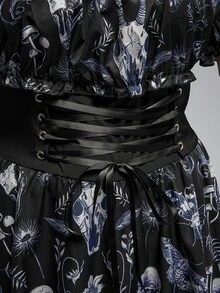 ROMWE Goth Plus Allover Print Off Shoulder Lace Up Corset Waist Asymmetrical Hem Dress - Multicolor - View 3