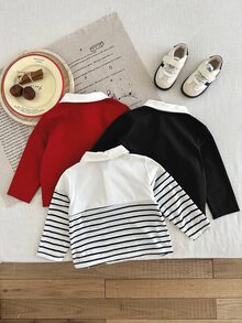 SHEIN 3件組男嬰 Polo 領長袖上衣套裝，騎士與恐龍圖案 - 彩色 - 查看 2