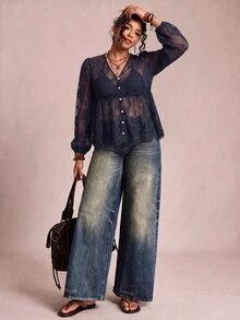 Freevana 女款蕾絲貝殼鈕扣透視襯衫 大尺碼 寬鬆 優雅休閒 日常外出通勤度假 春夏女裝大尺碼襯衫 - 寶藍色 - 查看 4