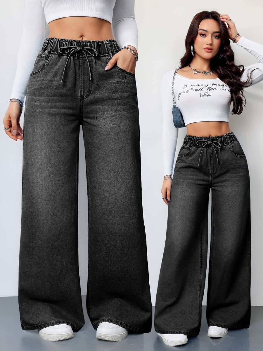 SHEIN Tall 女款抽繩腰口袋休閒日常穿著牛仔褲