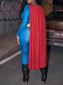 Slaydiva Plus Size Superhero Costume, Blue Long Sleeve Stretch Jumpsuit With Red Cape Cosplay Outfit Fall - Blue - View 3