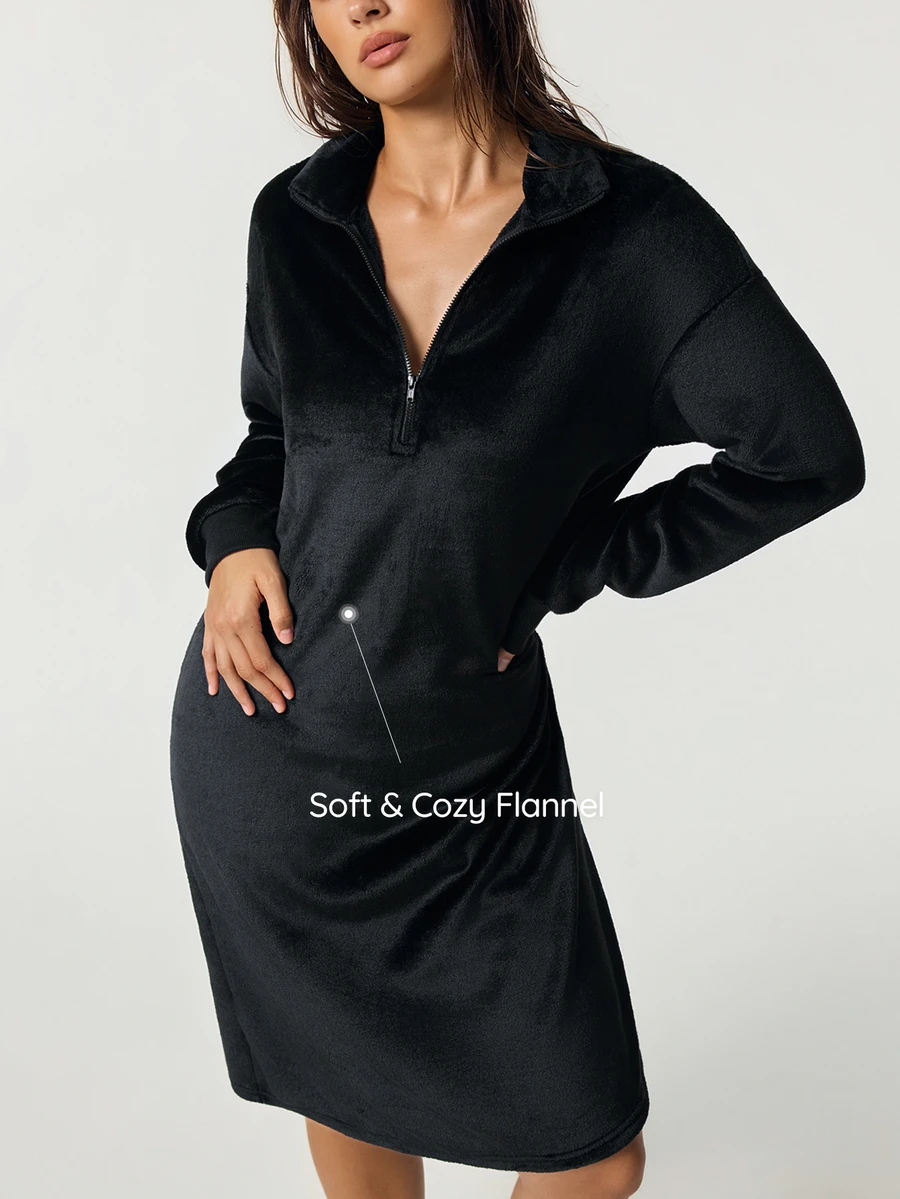 SHAPORA Women's Plush Casual Loungewear Dress - Black - View 1