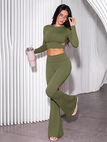 Slayform Slayform Women's Solid Color Long Sleeve Backless Top And Leggings Sports Set, Suitable For Running, Yoga - Army Green - View 2