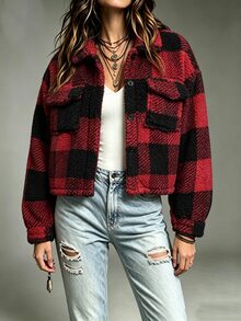 SHEIN Women's Plaid Pattern Long Sleeve Button Front Fashion Casual Jacket - Red - View 4