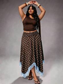 Rustia Korean Style Hot Girl Polka Dot Lace Patchwork High Waist Flared Skirt - Coffee Brown - View 6