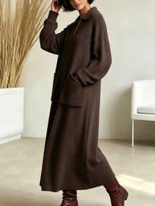 SHEIN فستان كنزة نسائي عتيق بأكمام طويلة وجيوب - بني - مشاهدة 7