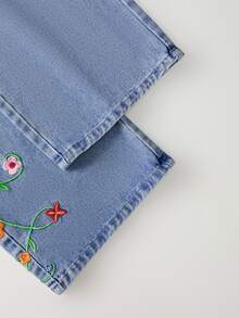 SHEIN MOD 女款花卉刺繡口袋鈕扣水洗休閒牛仔褲 - 藍色 - 查看 4