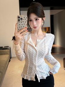 Dazy Tall Women's Round Neck Lace Patchwork Polka Dot Elegant T-Shirt - White - View 8
