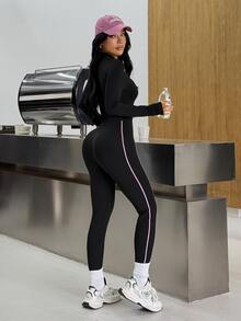 Muchica Women's Long Sleeve Zip-Up Casual Sports Jumpsuit - Black - View 2