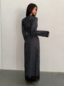 Aloruh Minimalist Commuter Contrast Lace Cutout Long Sleeve Black & White Polka Dot Long Dress For Women - Black and White - View 2