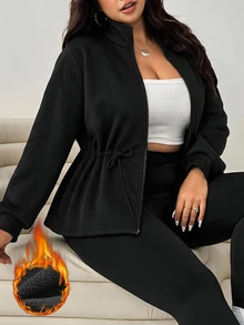 EMERY ROSE Plus Size Black Minimalist Zipper Cinched Waist Long Sleeve Sweatshirt Casual Fall/Winter - Black - View 2