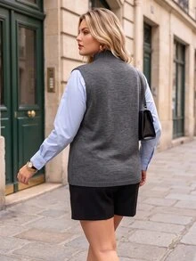 Vionelle Plus Size Women's Loose Diagonal Slit Knit Top, Suitable For Inner And Outer Layering - Grey - View 2