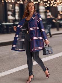 EMERY ROSE Plus Size Women Plaid Drawstring Waist Zip Up Casual Hooded Jacket,Winter Coat Women - Navy Blue - View 9