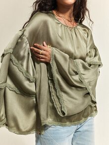 SHEIN Kemeja Lengan Panjang Wanita Warna Abu-Hijau Musim Gugur, Gaya Bohemian Pedesaan Santai, Siluet A-Line Bahu Longgar, Leher Bulat dengan Lipatan Terintegrasi. - Hijau - View 1