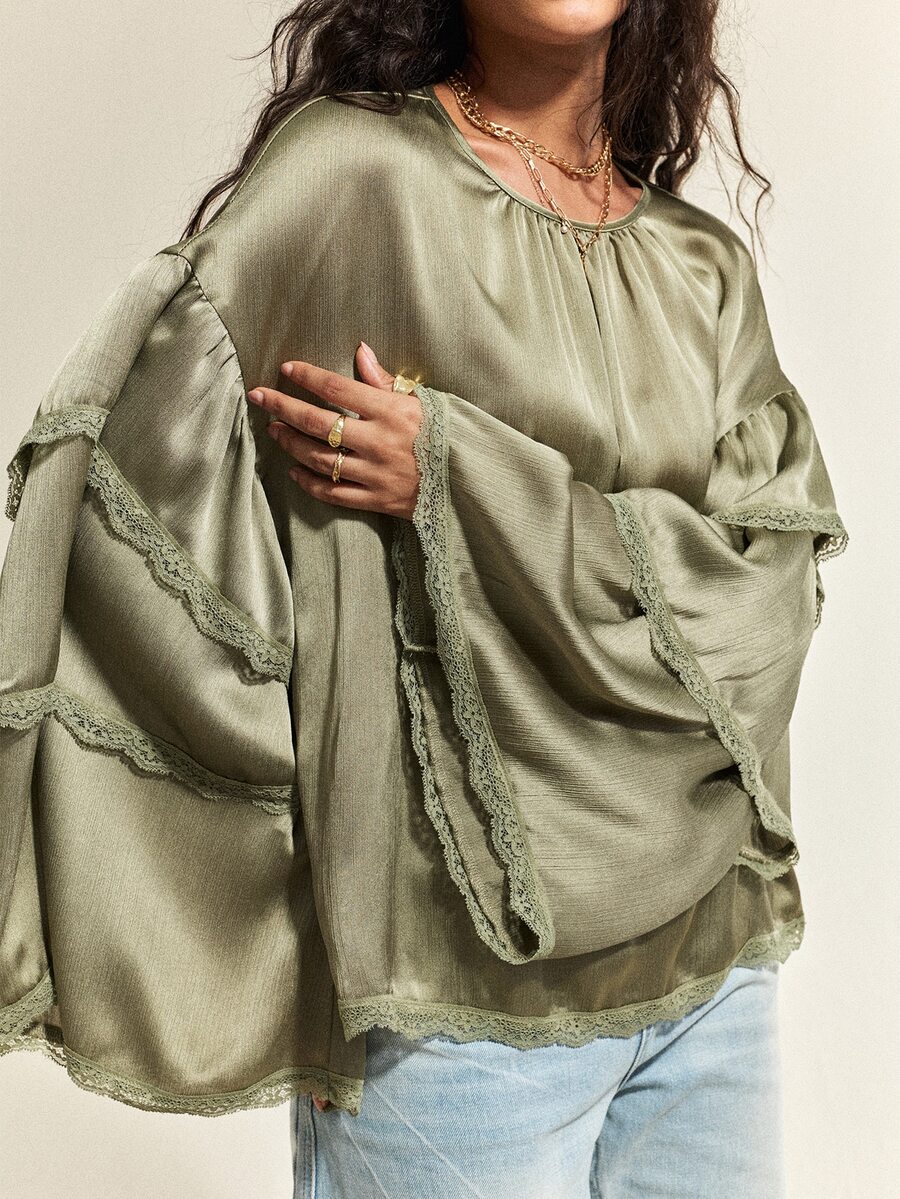 SHEIN Kemeja Lengan Panjang Wanita Warna Abu-Hijau Musim Gugur, Gaya Bohemian Pedesaan Santai, Siluet A-Line Bahu Longgar, Leher Bulat dengan Lipatan Terintegrasi. - Hijau - View 1