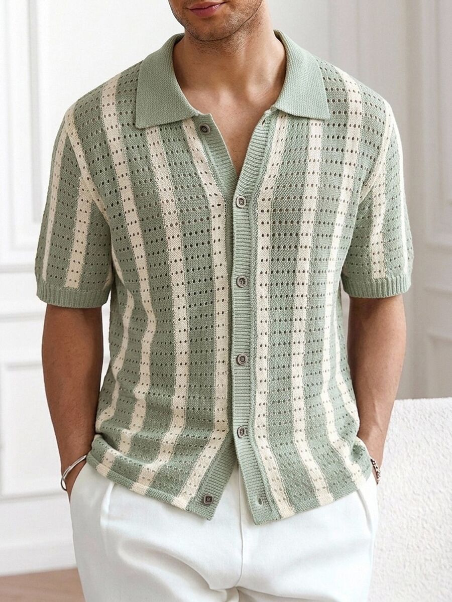 Manfinity Homme Men's Striped Casual Daily Wear Knit Top - Green - View 1