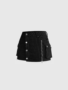 ROMWE Y2K Dark Gothic Striped Zipper Design Women's Denim Skirt - Black - View 6