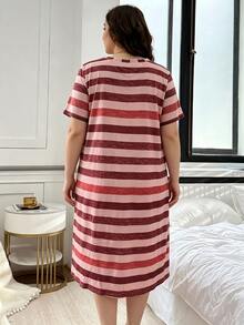 SHEIN 女款大尺碼圓領短袖彩色條紋套頭T恤洋裝 - 彩色 - 查看 2