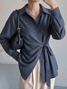 DAZY 女款休閒長版條紋襯衫附腰部綁帶 - 藍色 - 查看 6