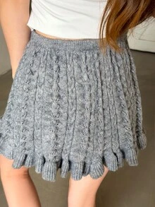 K-Vae Rok Mini A-Line Rajut Kabel Berongga dengan Ikat Pinggang dan Hem Berumbai, Serbaguna - Grey - View 2