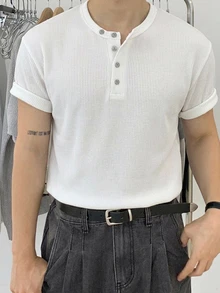 DAZY 男士黑色短袖圓領半開襟T恤 - 白色 - 查看 7