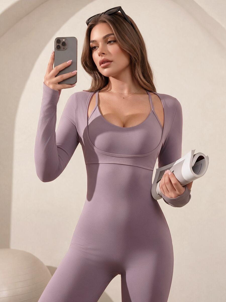 Easithlete Women's Purple 2 In 1 Long Sleeve Back Hollow Out Fashion Sports Jumpsuit - Purple - View 1