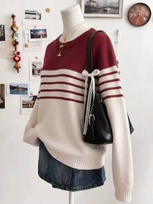 Lalippa Sweater Lengan Panjang Wanita Kerah Bulat Warna Kontras Garis Horizontal Kasual Serbaguna untuk Sehari-hari - Grey - View 3