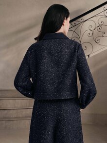 Anewsta Women's Autumn/Winter Modern Versatile Commuter Metallic Thread Tweed Jacket With Metal Buckle Lapel And Double Pockets, Short Style - Navy Blue - View 7