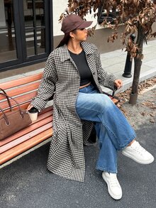 Muchica 大尺碼女款長版格紋風衣，翻領設計、口袋、單排扣，適合學院風穿搭 - 棕色 - 查看 6