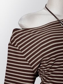 SHEIN ICON 大尺碼 Y2K 復古不對稱肩針織收腰 T-shirt 上衣，休閒復古不對稱肩長袖上衣 - 棕色 - 查看 9