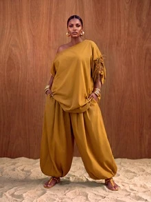 Zivah Women's Plus Size Asymmetrical Neckline Loose Fit 2 Pieces Set - Yellow - View 9